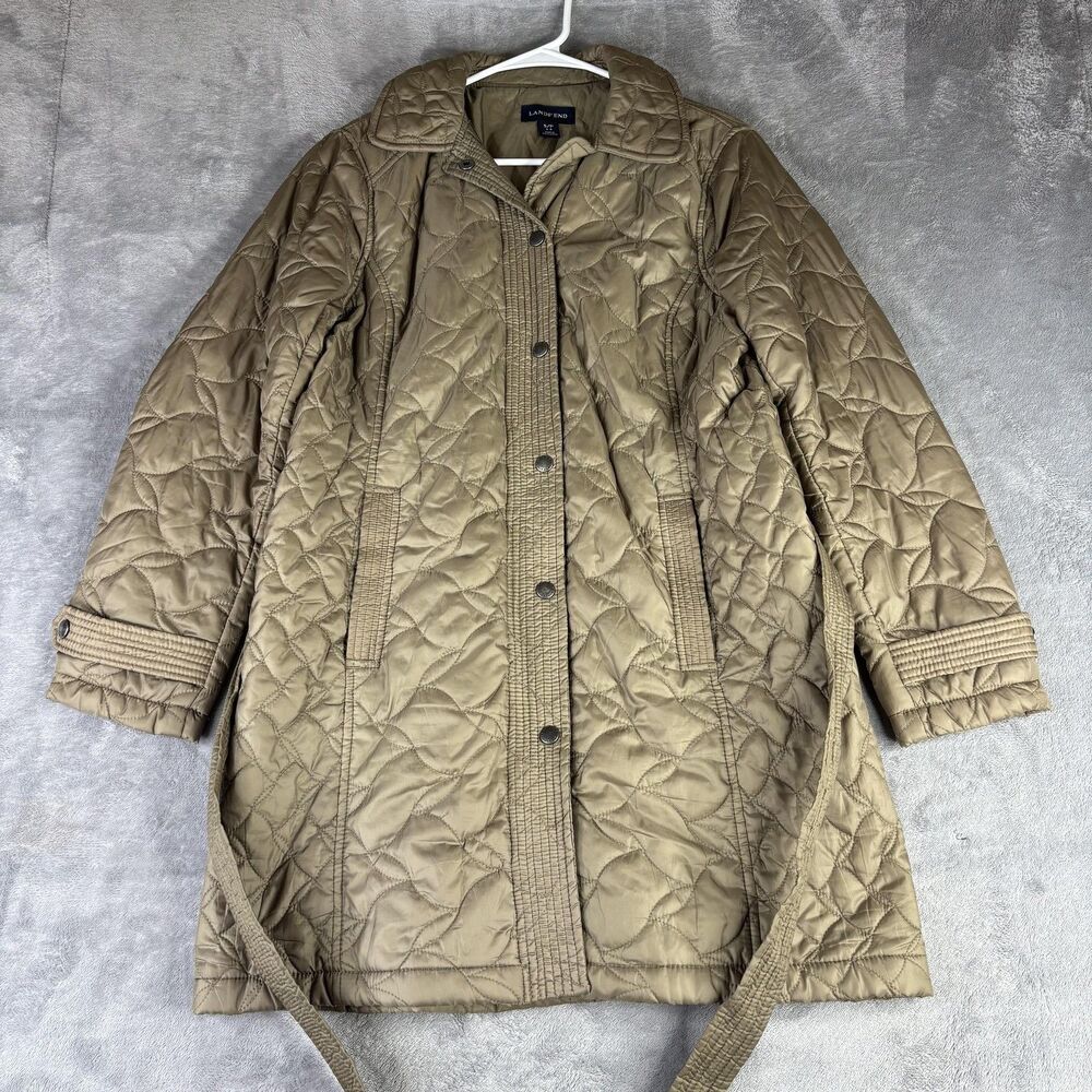 Lands' End Coat‎ Womens Small Tan Khaki Quilted Belted Snap Front Insulated - Picture 2 of 11